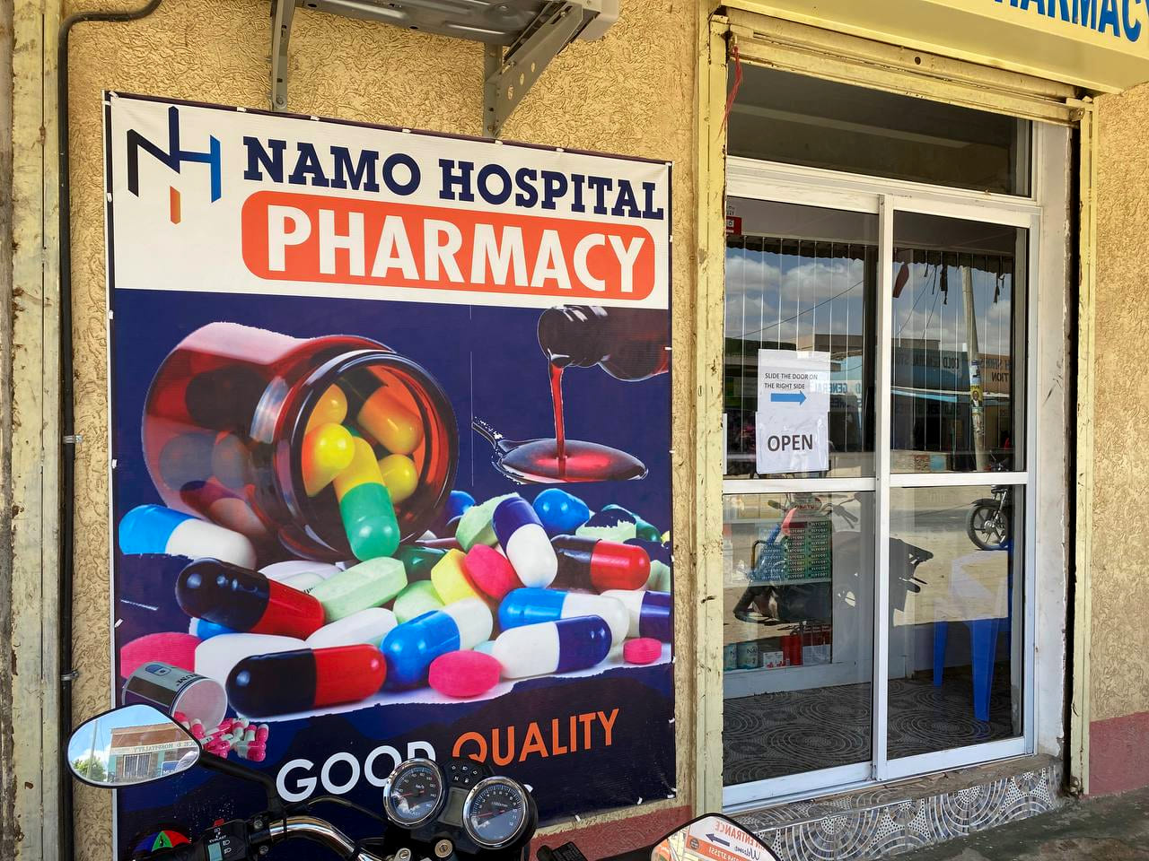 The Namo Hospital Pharmacy shopfront in Lodwar, with its sliding door open.